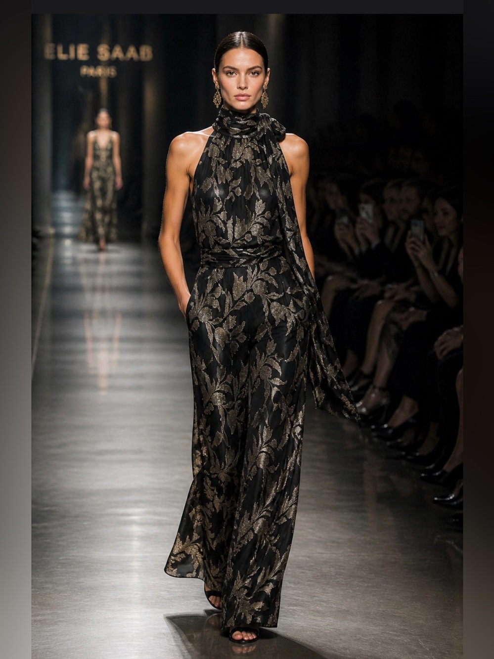 Betsy & Adam Black Dress with Gold Leaf Jacquard